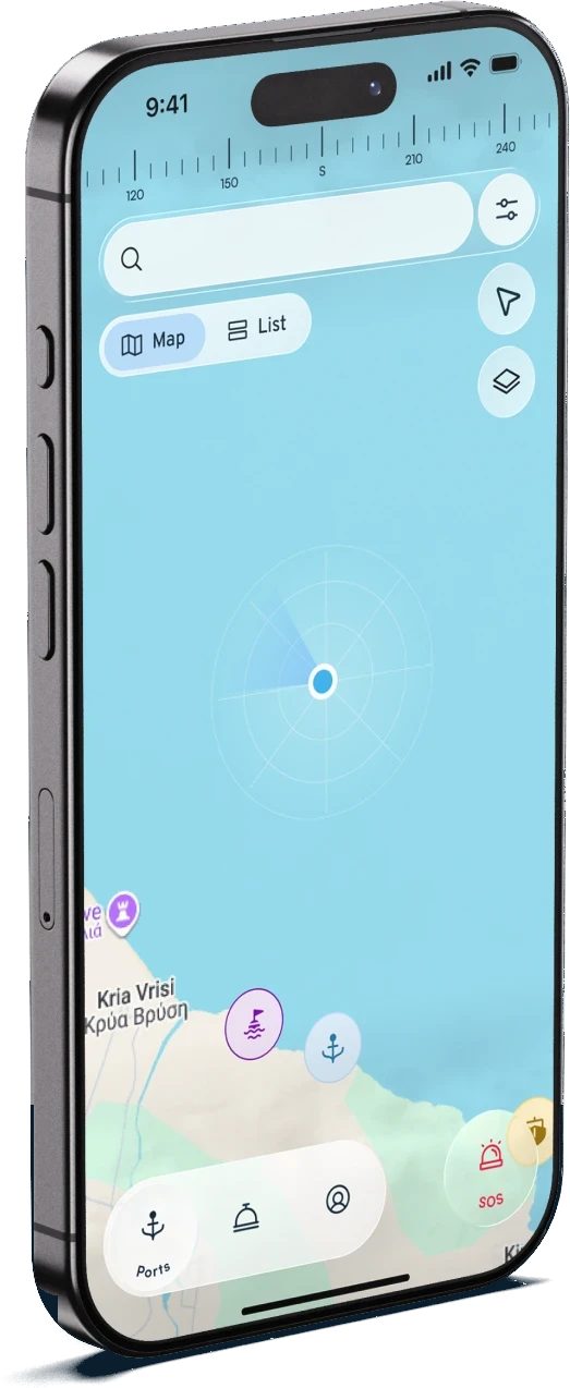 YaCap map screen with nearby marinas and buoys